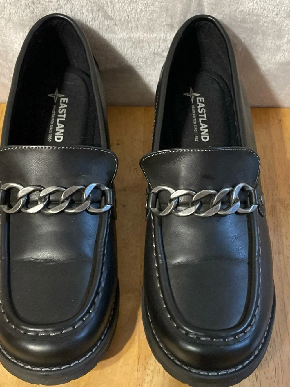 Eastland Black faux Leather Loafers with Chunky Silver Chain